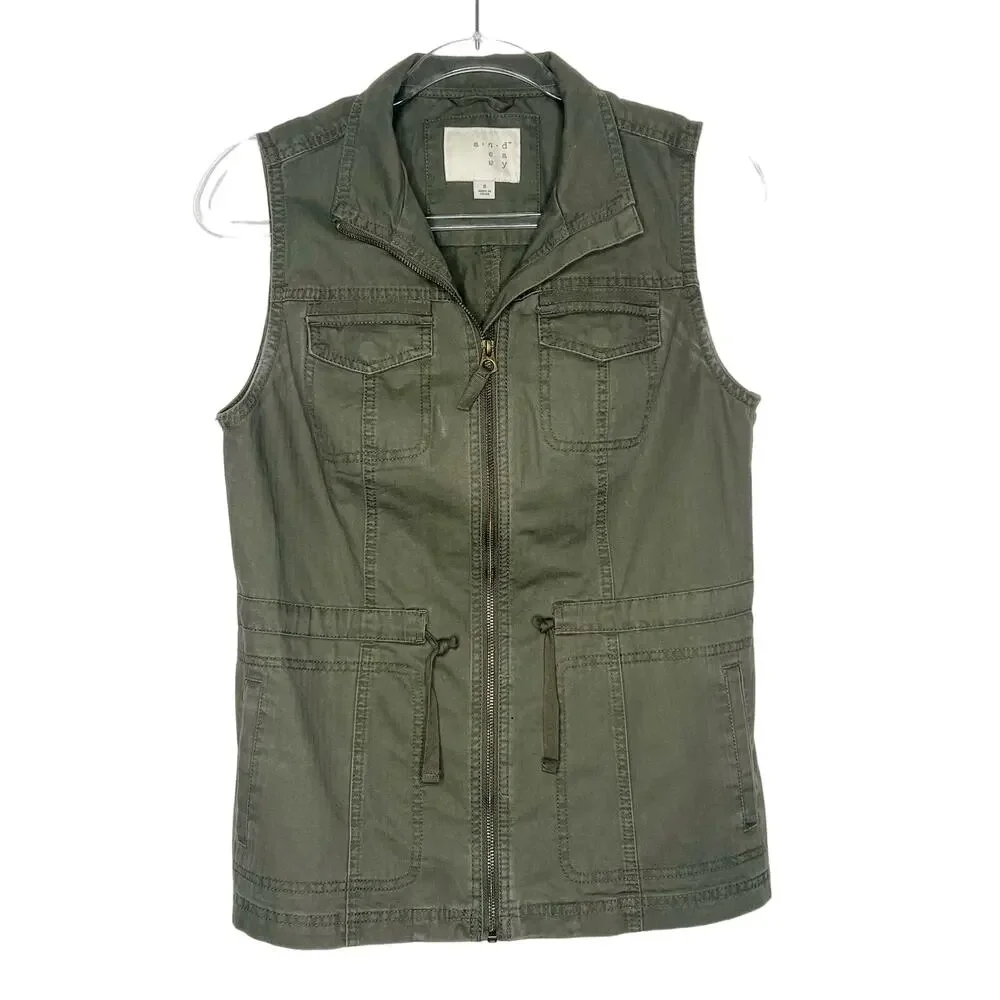 A NEW DAY Military Vest Full-Zip Drawstring Waist Utility Army Green Size Small
